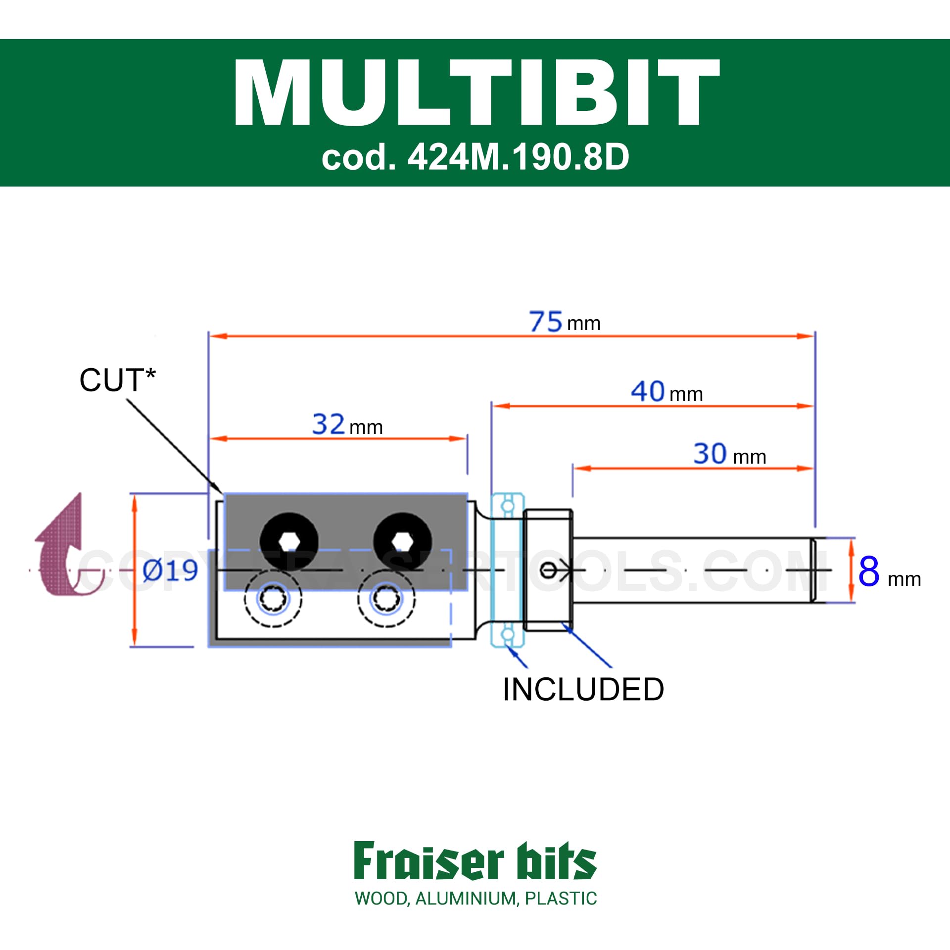 Fraiser MULTIBIT frezarka wielofunkcyjna do rowkowania, przycinania, kopiowania, wiercenia i cięcia, średnica 19 mm, trzonek 8 mm, z 2 wkładkami up&down i łożyskami, do frezarki ręcznej, przycinarki