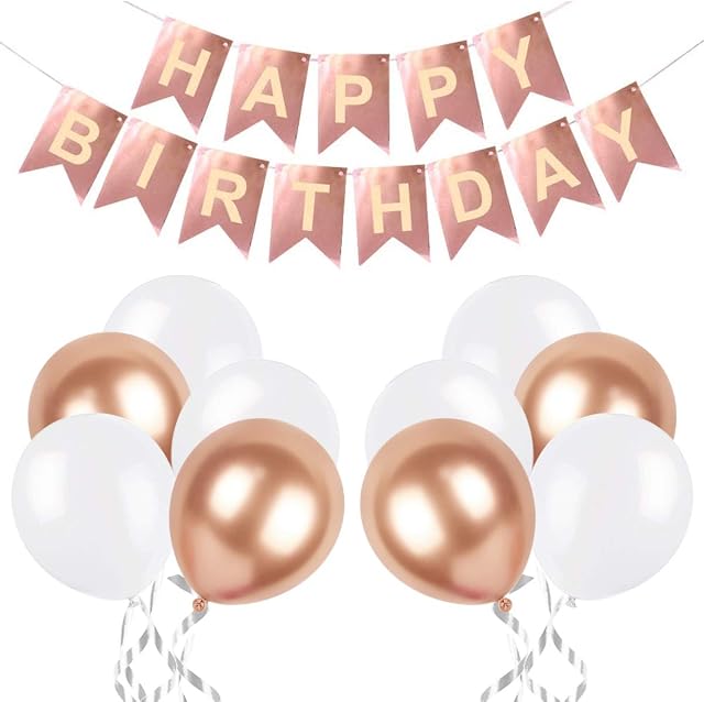 Yiran Happy Birthday Banner Birthday Bunting with 4+6 Rose Gold and White Latex Balloons Perfect for Birthday Party Decorations