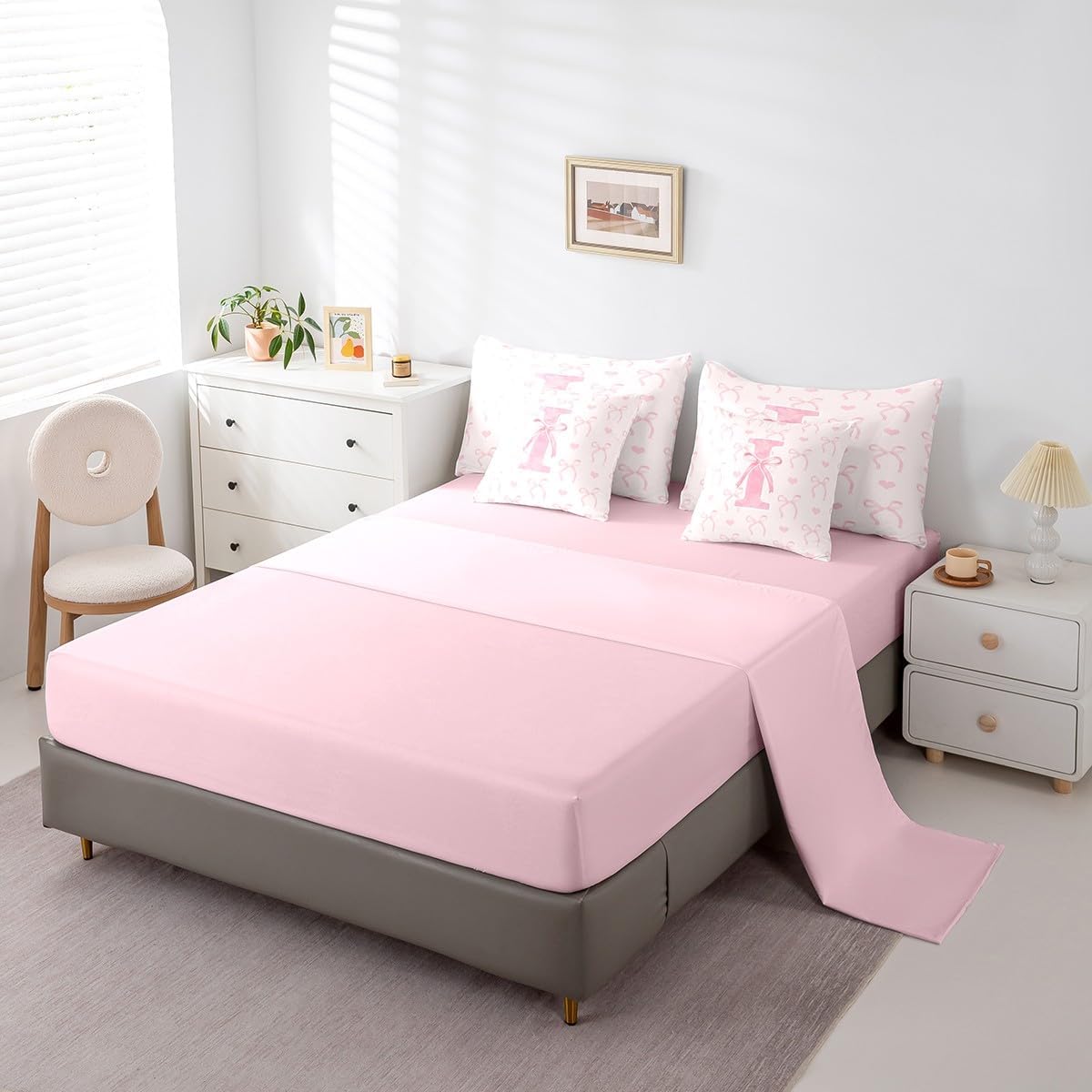 Erosebridal 7 Pcs Letter I Comforter Full Size for Girls Teen Women Aesthetic Coquette Bowknot Bed Set Pink Cute Love Heart Sheet Set Bed in A Bag Alphabet Dreamy Princess