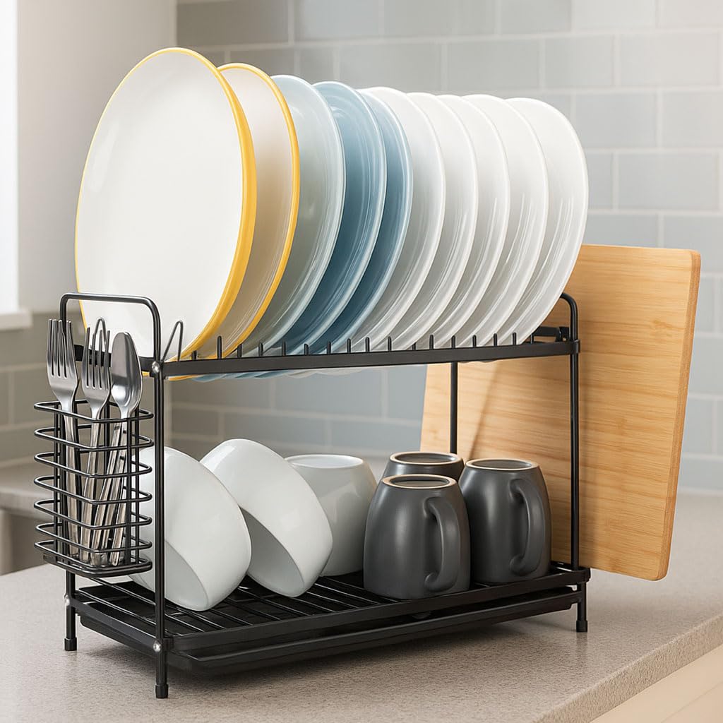Coselena 2-Tier Black Dish Drainer Rack - Multifunctional Dish Rack with Utensil Holder & Draining Board - Kitchen Storage Rack - Space-Saving Drainers for Kitchen Sink - Countertop Organiser