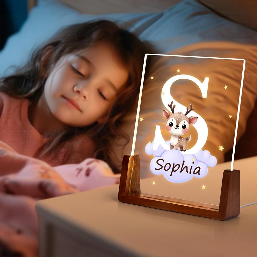 Personalized LED Night Light - Star Cloud Forest Animal Theme with Wooden Base (Square)