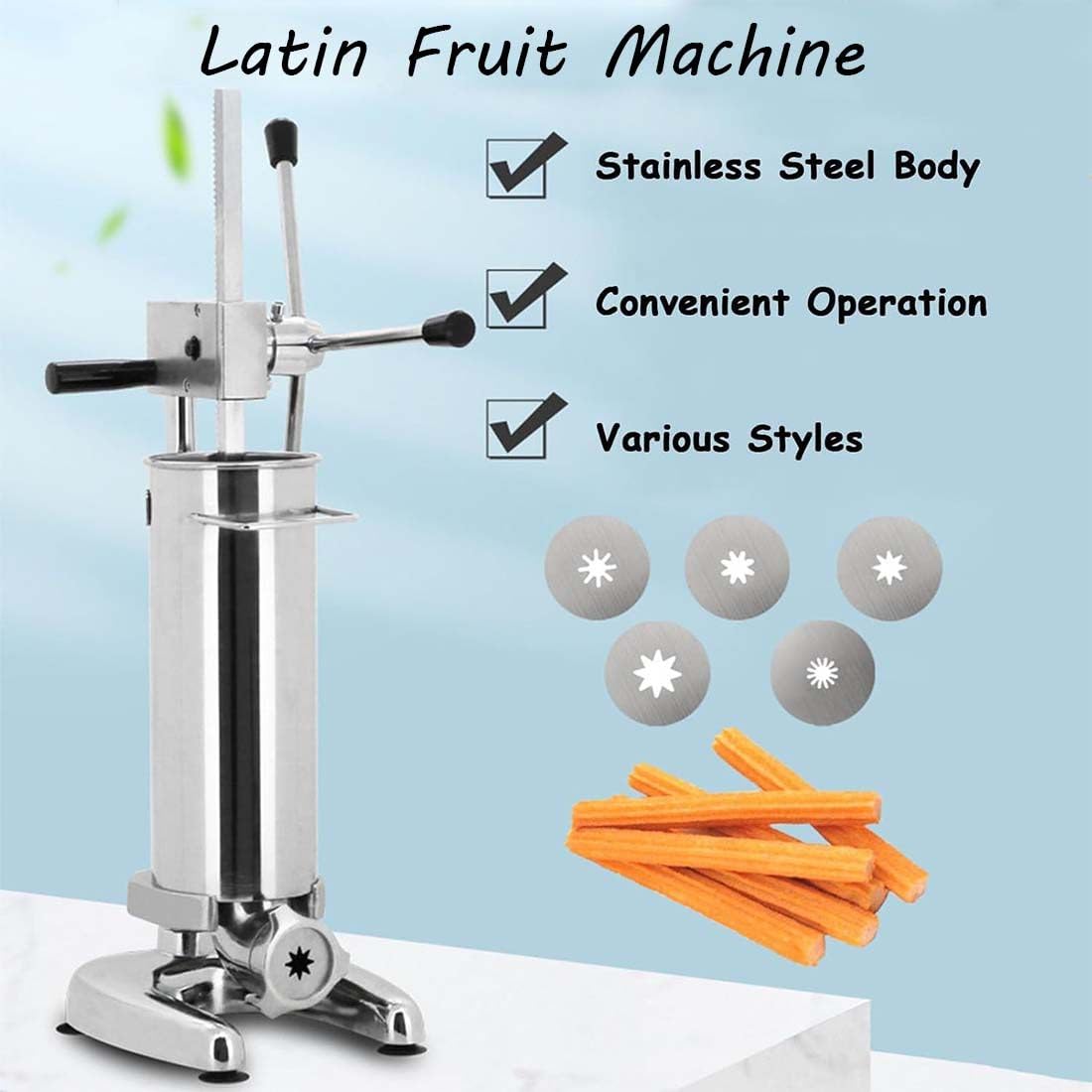 Máquina manual de churros de acero inoxidable con 5 boquillas, máquina vertical española para uso comercial, capacidad de masa de 3 litros