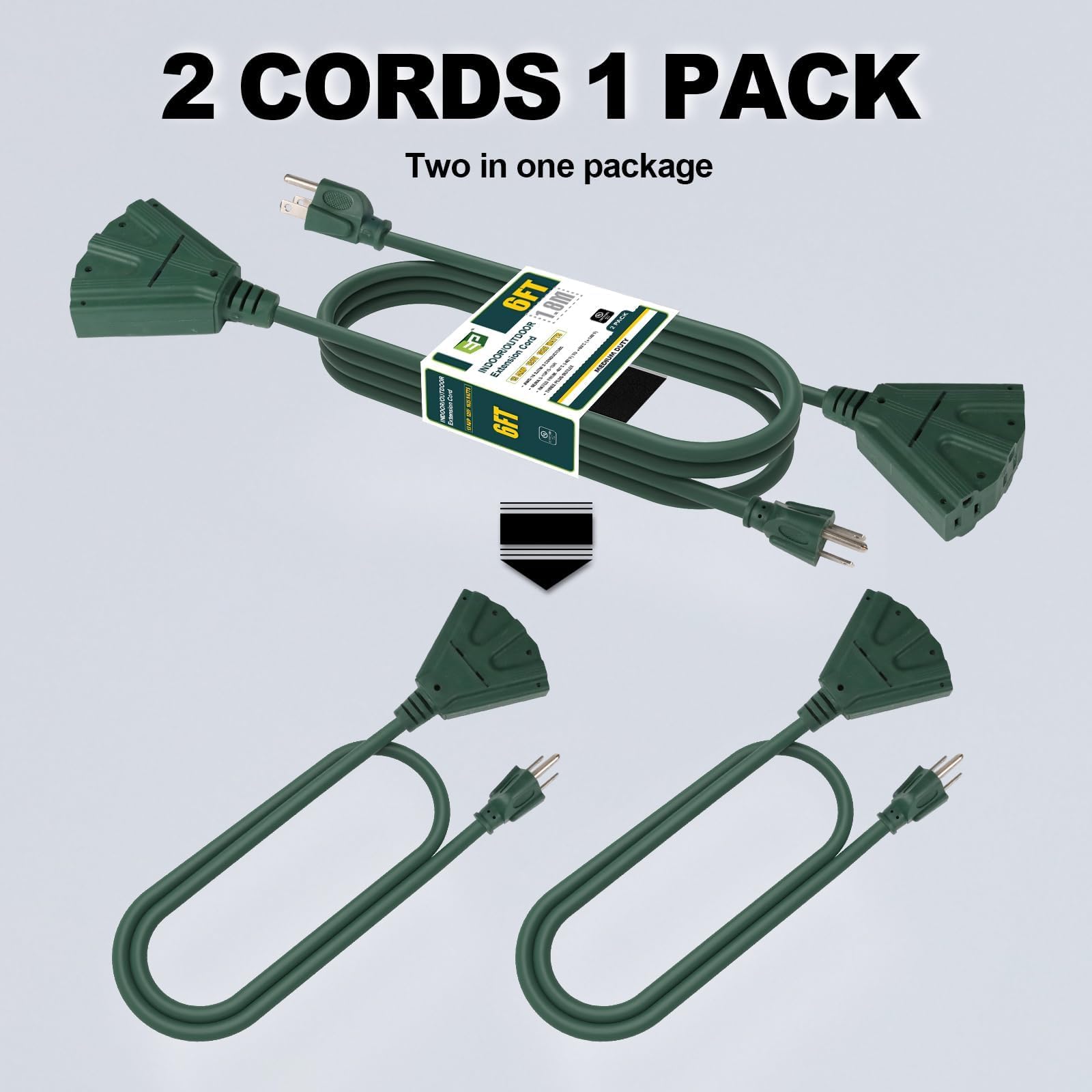 EP - Paquete de 2 cables de extensión para exteriores de 6 pies con 3 tomas de corriente eléctrica, cable verde SJTW de 16/3 con enchufe de tierra de 3 puntas para mayor seguridad, ideal para luces de