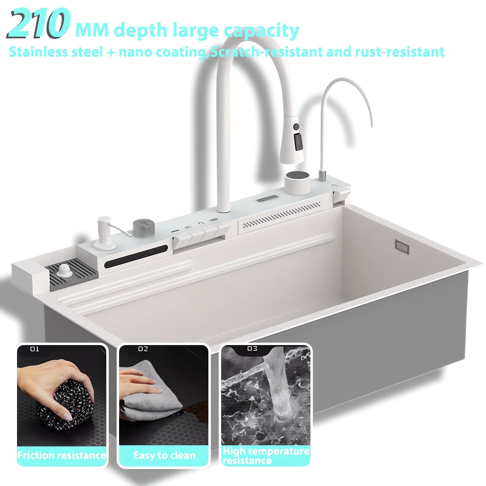 Lavello da cucina multifunzionale, lavello da cucina nero 1 vasca con sgocciolatoio 85x50 cm, lavello moderno a cascata, adatto per cucina, bar (Bianco, 80X45CM)