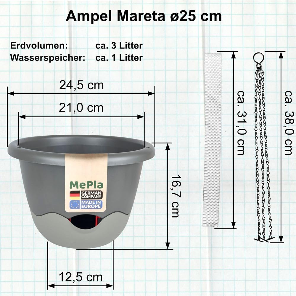 MePla - Lot de 2 pots de fleurs Mareta ø25 cm ivoire/bordeaux + 1 bande d'irrigation de rechange de 62 cm - Jardinière suspendue auto-arrosante avec réservoir d'eau - Résistant aux UV et aux