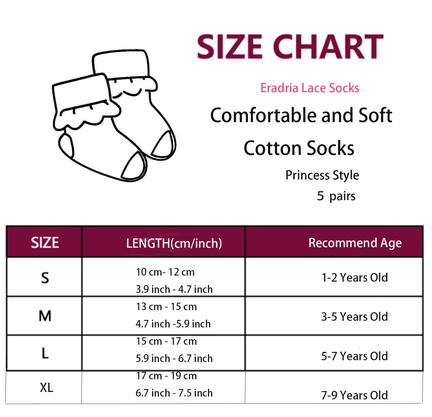 Eradria Little Girls 5 Pairs Multi-color Cotton Ruffle Frilly Lace Socks,Big Double Ruffle Ankle Socks Princess Dress Socks (X-Large, TYPE2)