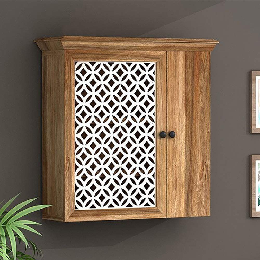 WOODSTAGE Solid Wood Floating Wall Mounted Shelf Rack with Cabinets for Display and Storage for Home Living Room - Natural Finish-image-35