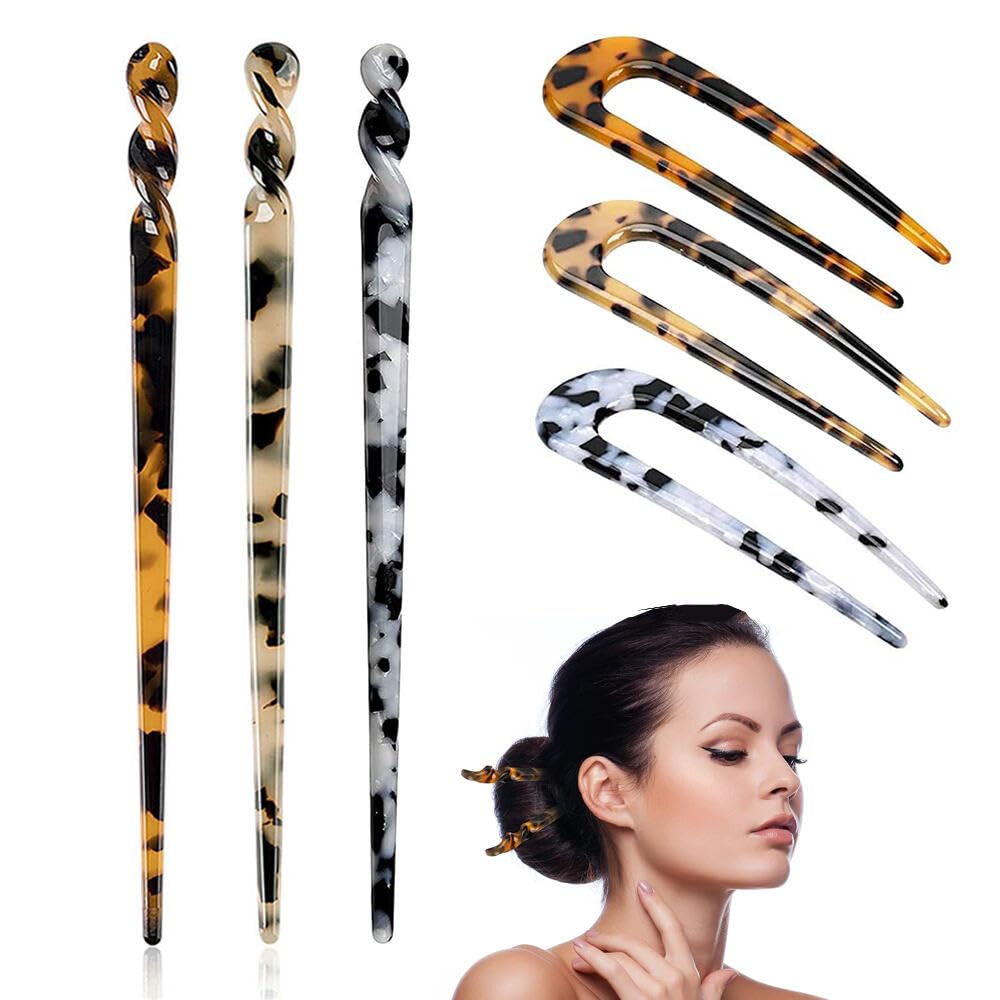 Goodern 6Pcs Acetate Hair Sticks,Vintage Hair Pin Fork Hair Clips for Girls Women,Hair Pins Sticks U-Shaped Straight Chopsticks,Tortoise Shell Hairpin Vintage Hair Chopsticks Retro Hairpins Disk-A