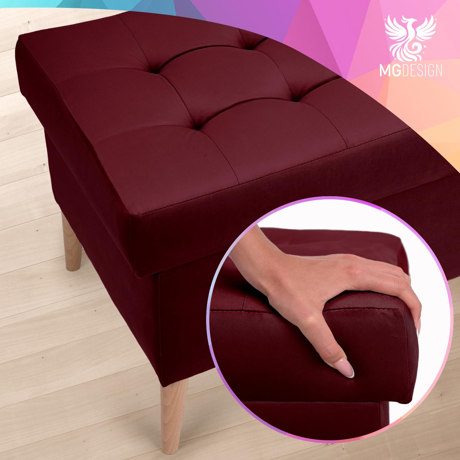MG Design Panca Contenitore Velluto Bordeaux 45 x 90 cm – Panca Imbottita con Gambe in Legno per Camera da Letto, Soggiorno o Ingresso