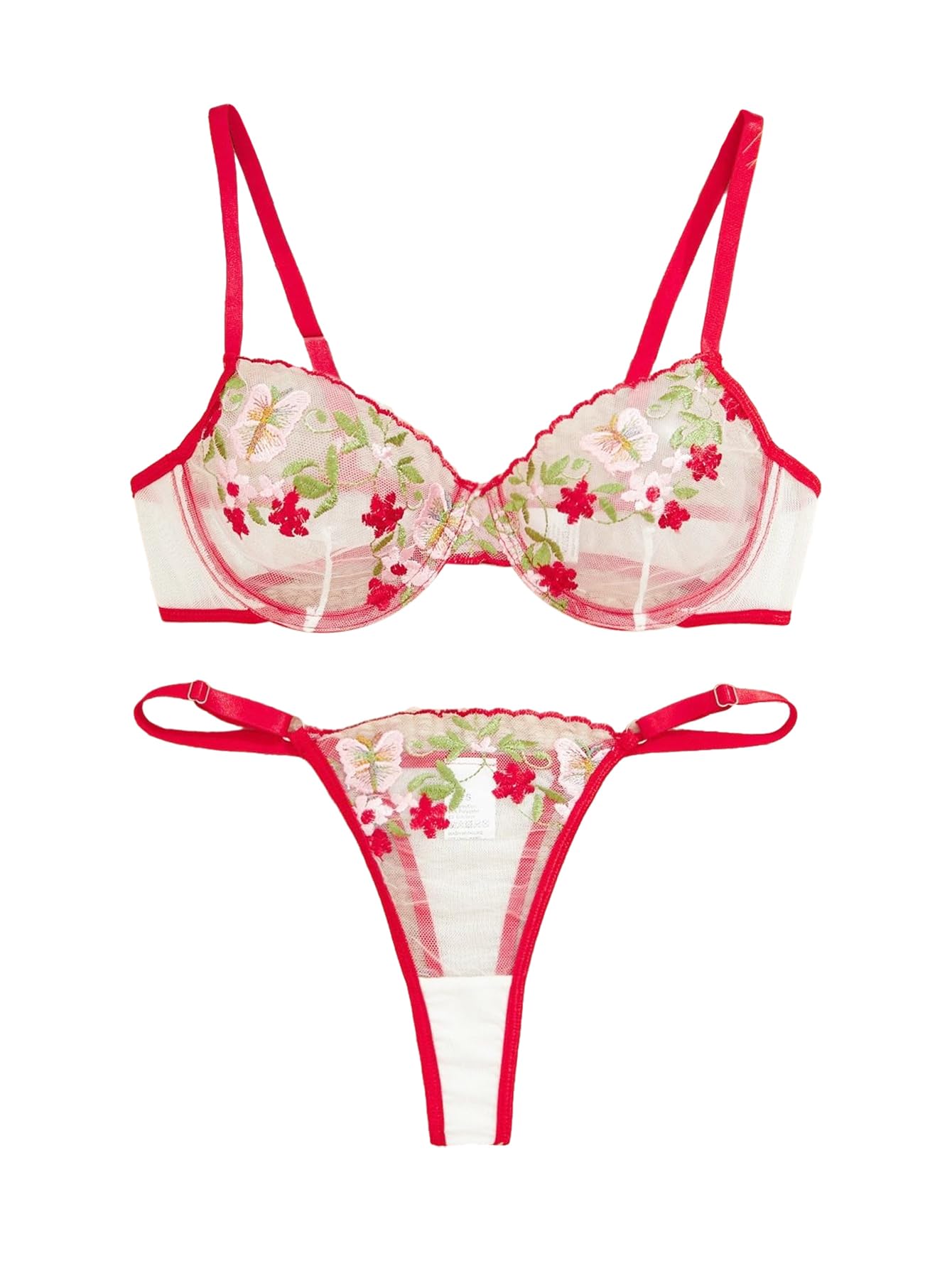 Lilosy Sexy Floral Embroidered Mesh Sheer Underwire Push Up Lingerie Set Women See Through Bra and Panty 2 Piece Sun Floral Red Medium