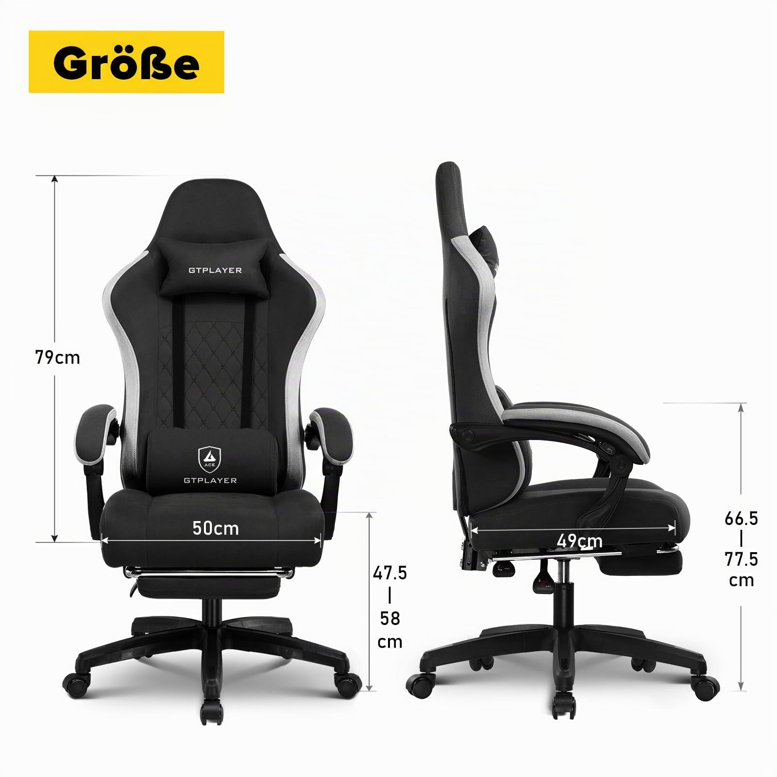 GTPLAYER Gaming Stuhl Ergonomischer Sessel mit Stoffoberfläche, Federsitzkissen, Armlehnen und Fußstütze 150KG, hellschwarz