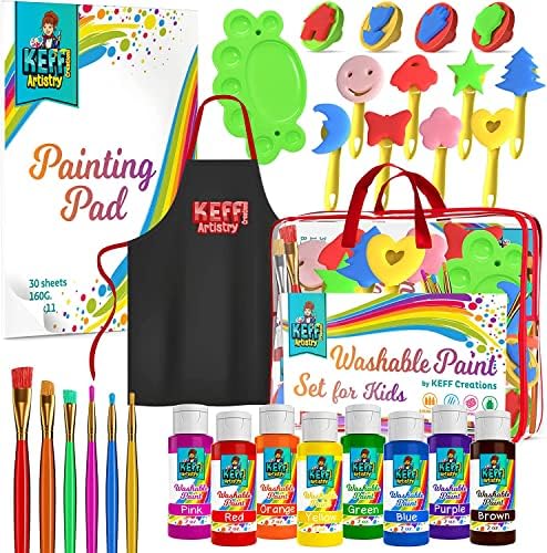 KEFF Washable Paint Set for Kids and Toddler - Finger Painting Kit for Toddlers with Non Toxic Washable Tempera, Brushes, Palette, Apron & More Art and Crafts Supplies - 30 Pcs