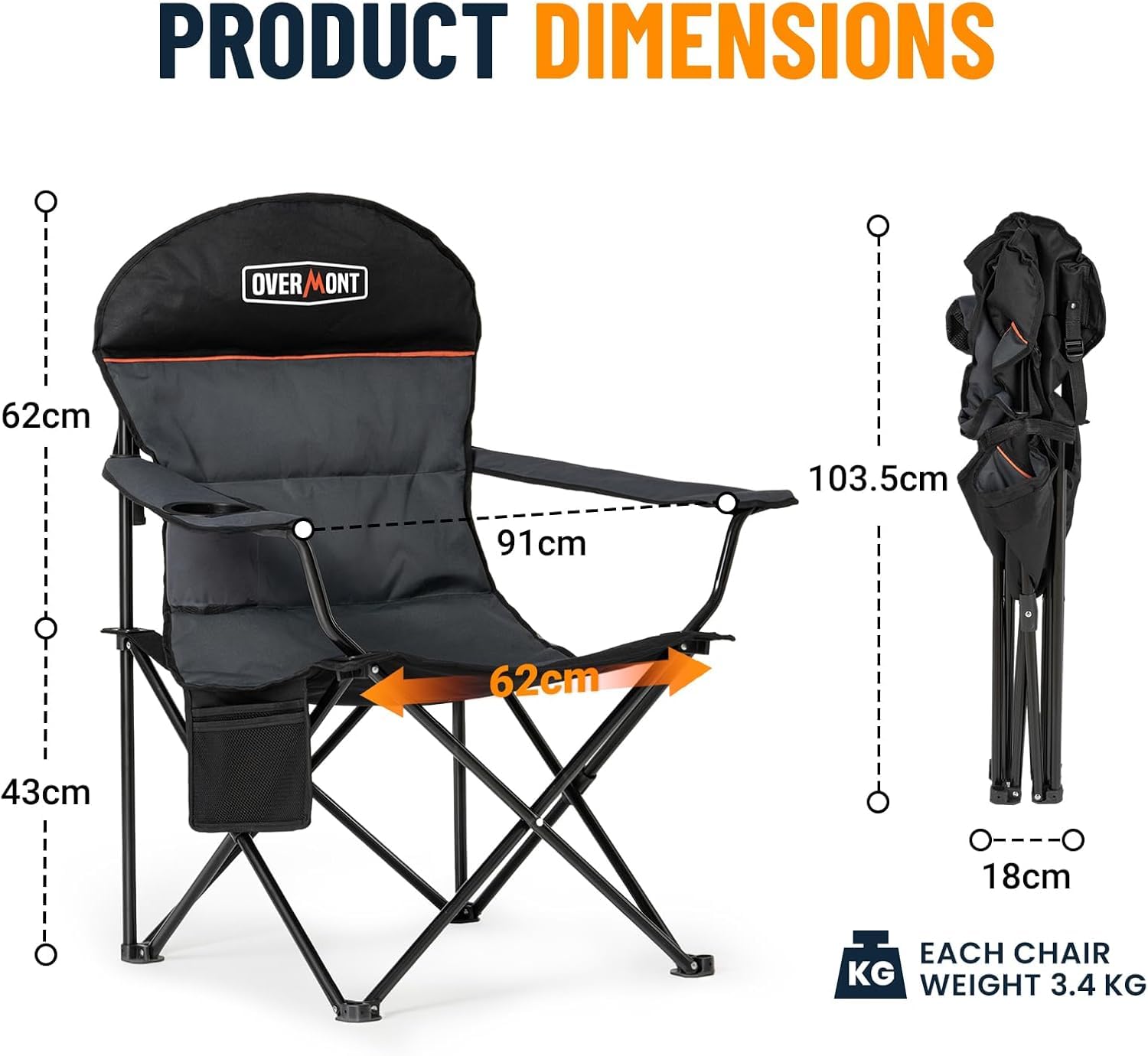 OVERMONT Silla de Camping Plegable Respaldo Alto – Silla XXL Plegable hasta 150 kg – Silla de jardín portátil con portavasos – para Senderismo, Picnic y Pesca al Aire Libre