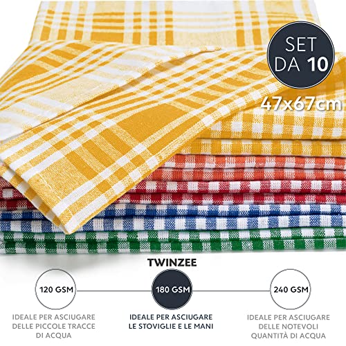 Twinzee Strofinacci Cucina Cotone Quadretti - 100% Cotone - 100% Cotone - 47 x 67 cm - design retrò - Asciuga Piatti e Mani - Blu, Rosso, Verde, Arancione, Giallo (L, 5, unità) - immagine 3
