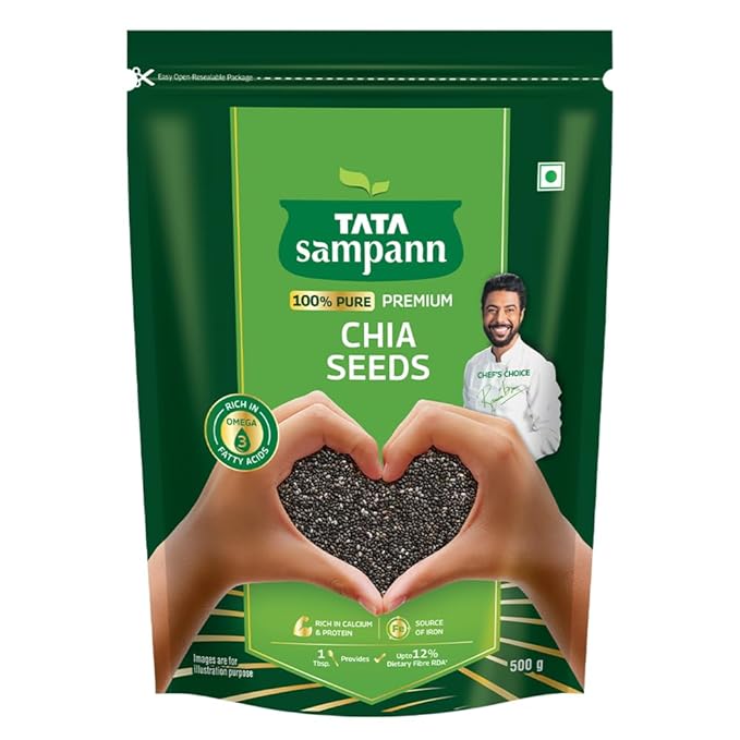 Tata Sampann Pure Chia Seeds, 500g, Rich in Calcium & Protein, Source of Iron, Trans Fat Free, Rich in Magnesium, Rich in dietary fibre, Rich In Omega 3 Fatty Acid
