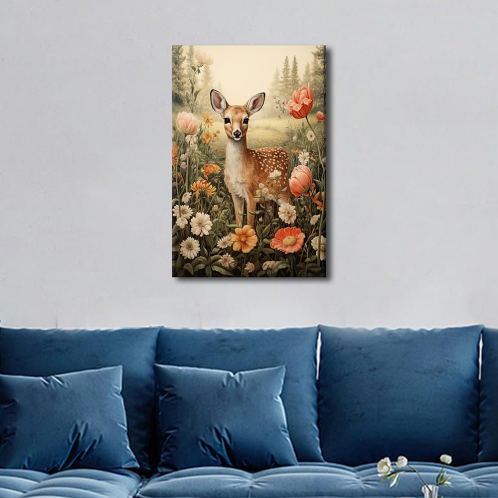 TISHIRON Cute Deer in the Forest with Flowers Wall Art for Living Room Wildlife Canvas Painting Flowers Poster Decorations Artwork Framed Ready to Hang 16" Wx24 Hx1 Panel - Image 4