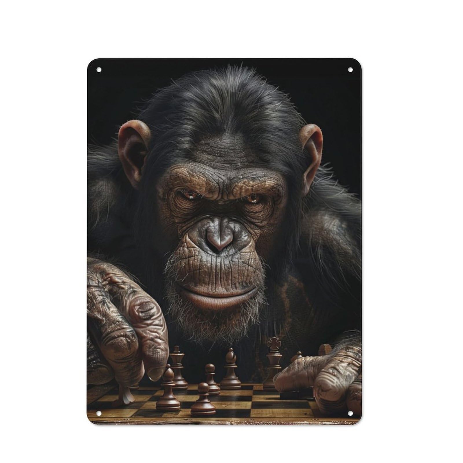 Rustic Chimpanzee Chess Tin Wall Sign 40x30cm, Kitchen Wall Decor for Bakery, Diner, Cafe Or Family Room