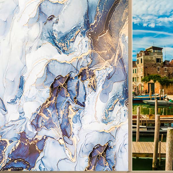 Kazynee Ink Marble Print Decorative Window Film, Abstract Modern Luxury Blue Gold Striped, 17.7Wx23.6L-Inch, 1 Count
