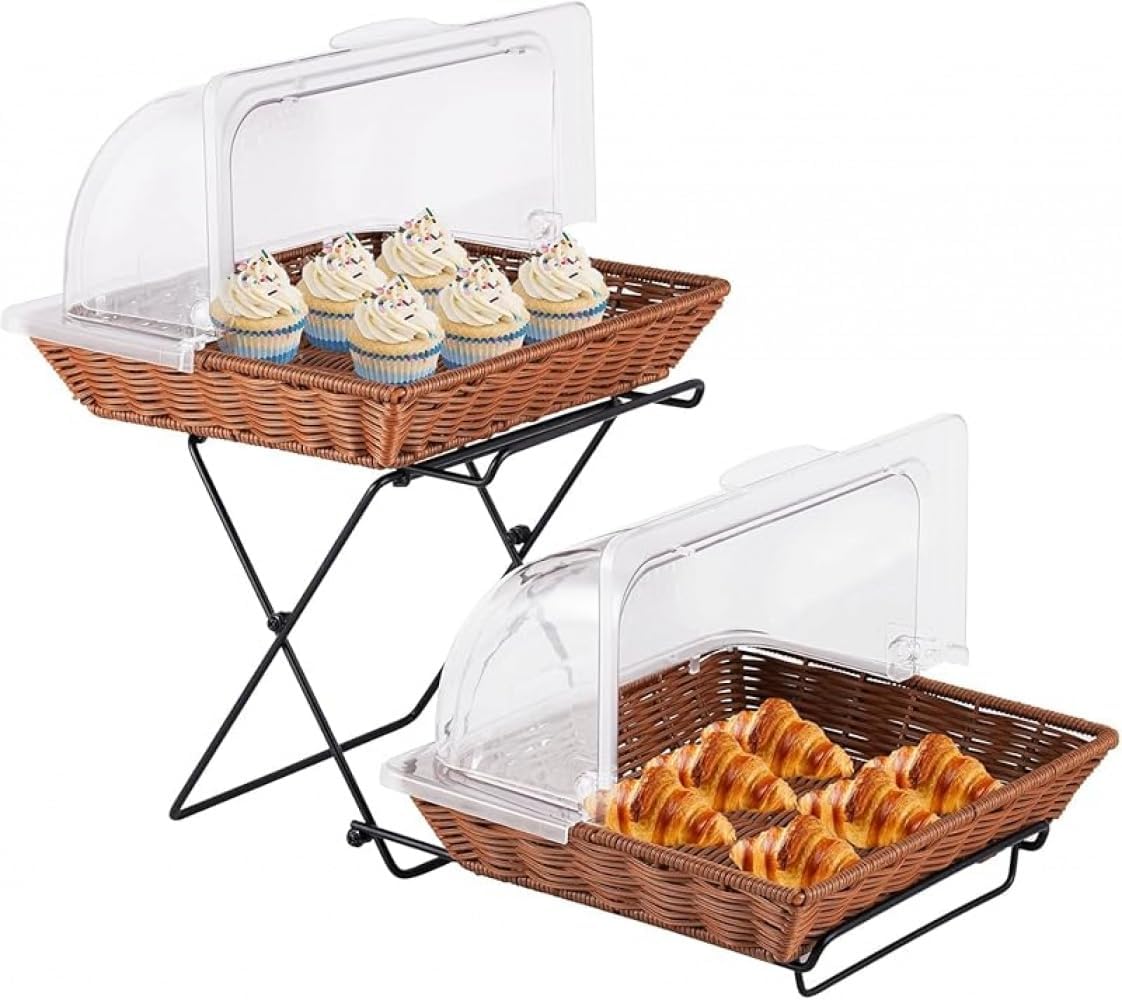 蓋付き二層ブレッドバスケット、ブレッドボックス、フードカバー、デザートケーキディスプレイトレイ、2段、模造籐編みバスケット、トレイ用