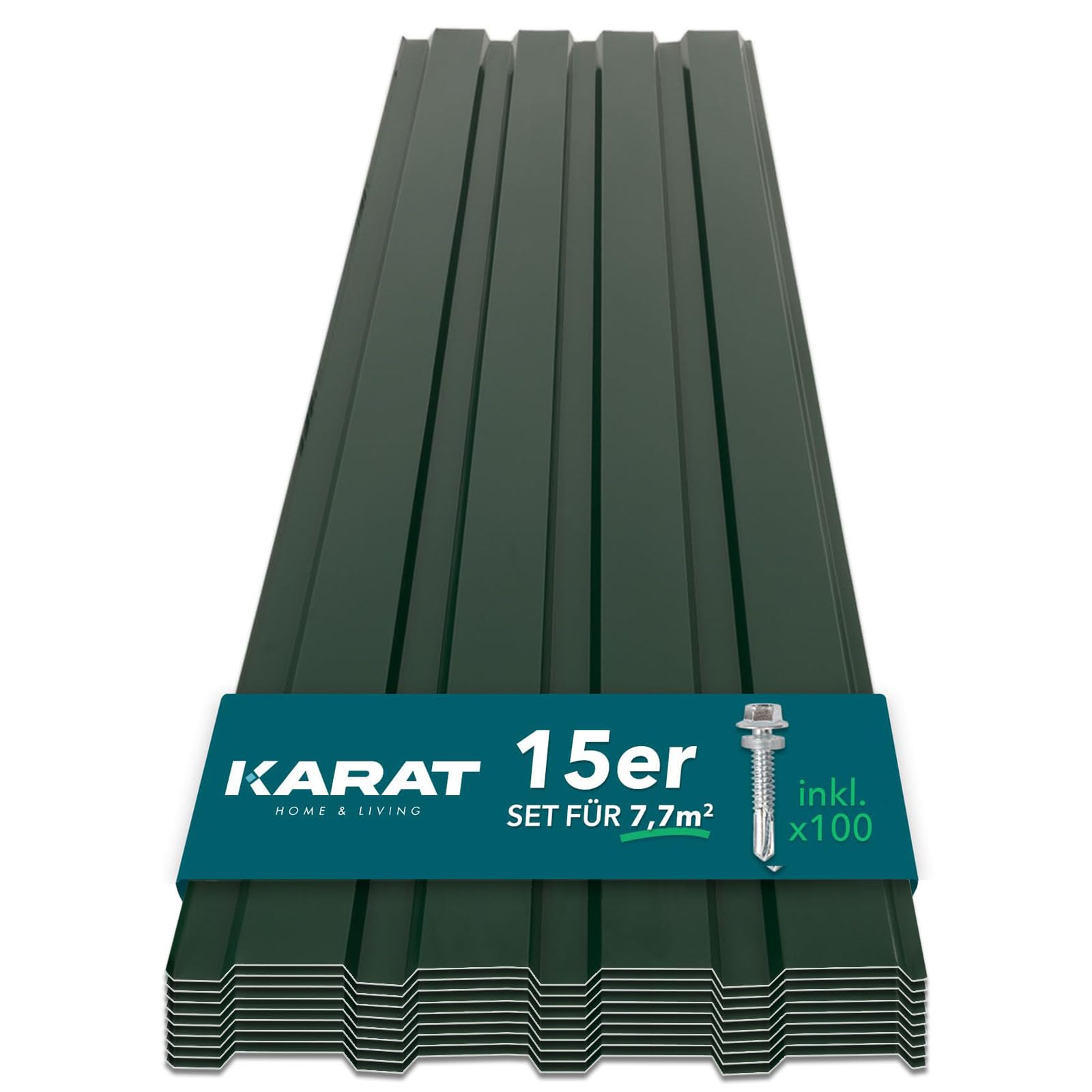 KARAT - 15 Pezzi di lamiera trapezoidale 115 x 45 cm - Set di Fogli profilati con Viti - 7, 7 m² lamiera da Parete - Spessore 0, 25 mm - Piastre per Tetto in lamiera d'Acciaio (Verde)
