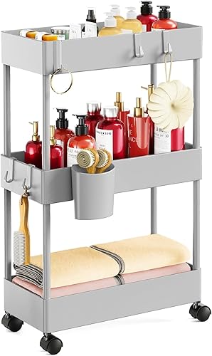 Miniatura 14 de Pipishell Carrito de almacenamiento delgado con ruedas, organizador de baño de 3 niveles y carrito de almacenamiento, carritos rodantes para baño,