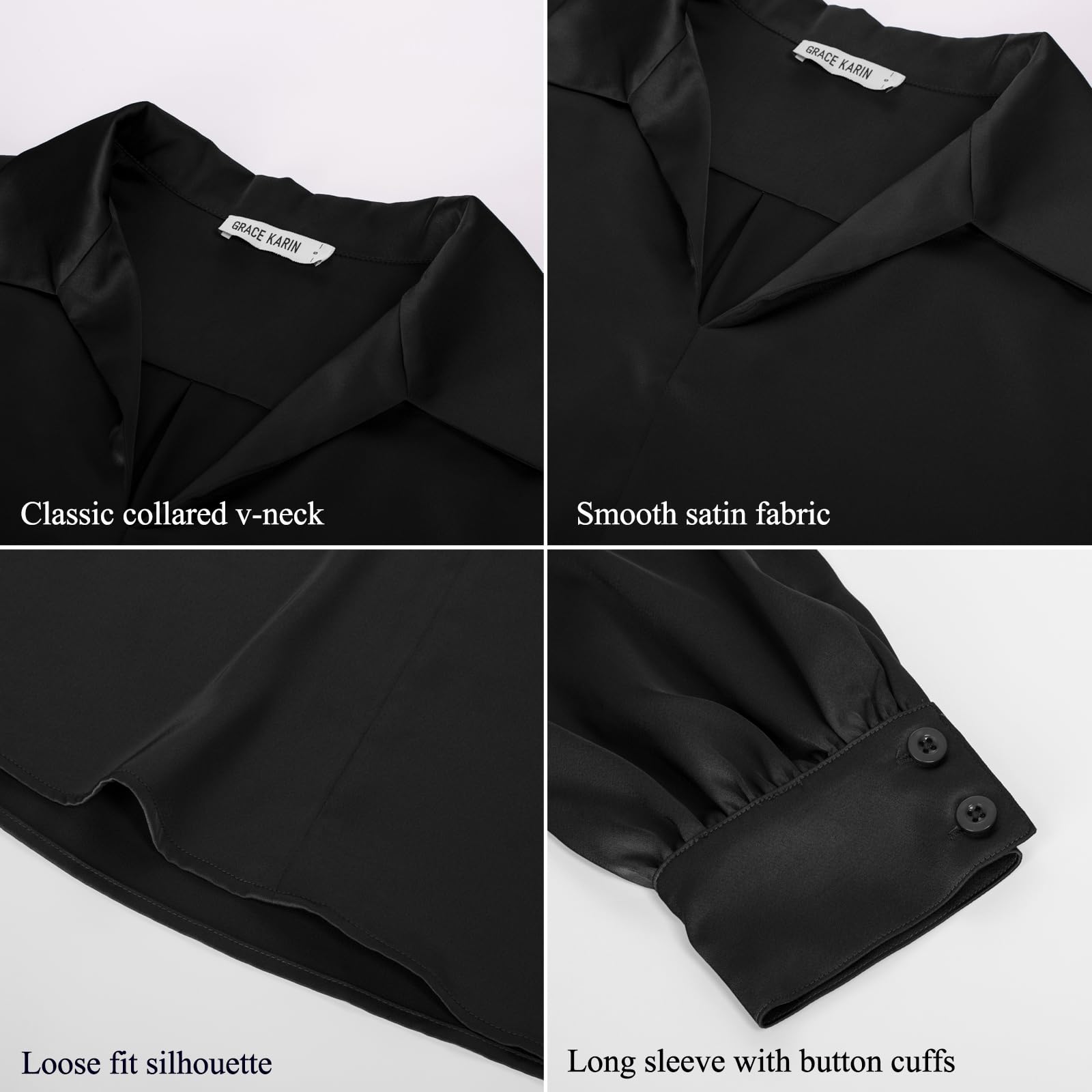 GRACE KARIN Blusa de seda satinada para mujer, cuello en V, manga larga, informal, para el trabajo, sin botones