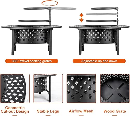 Miniatura 8 de Fogata de 36 pulgadas con 2 parrillas, fogata de leña para exteriores con tapa, póquer y cubierta redonda impermeable, barbacoa y hoguera al aire