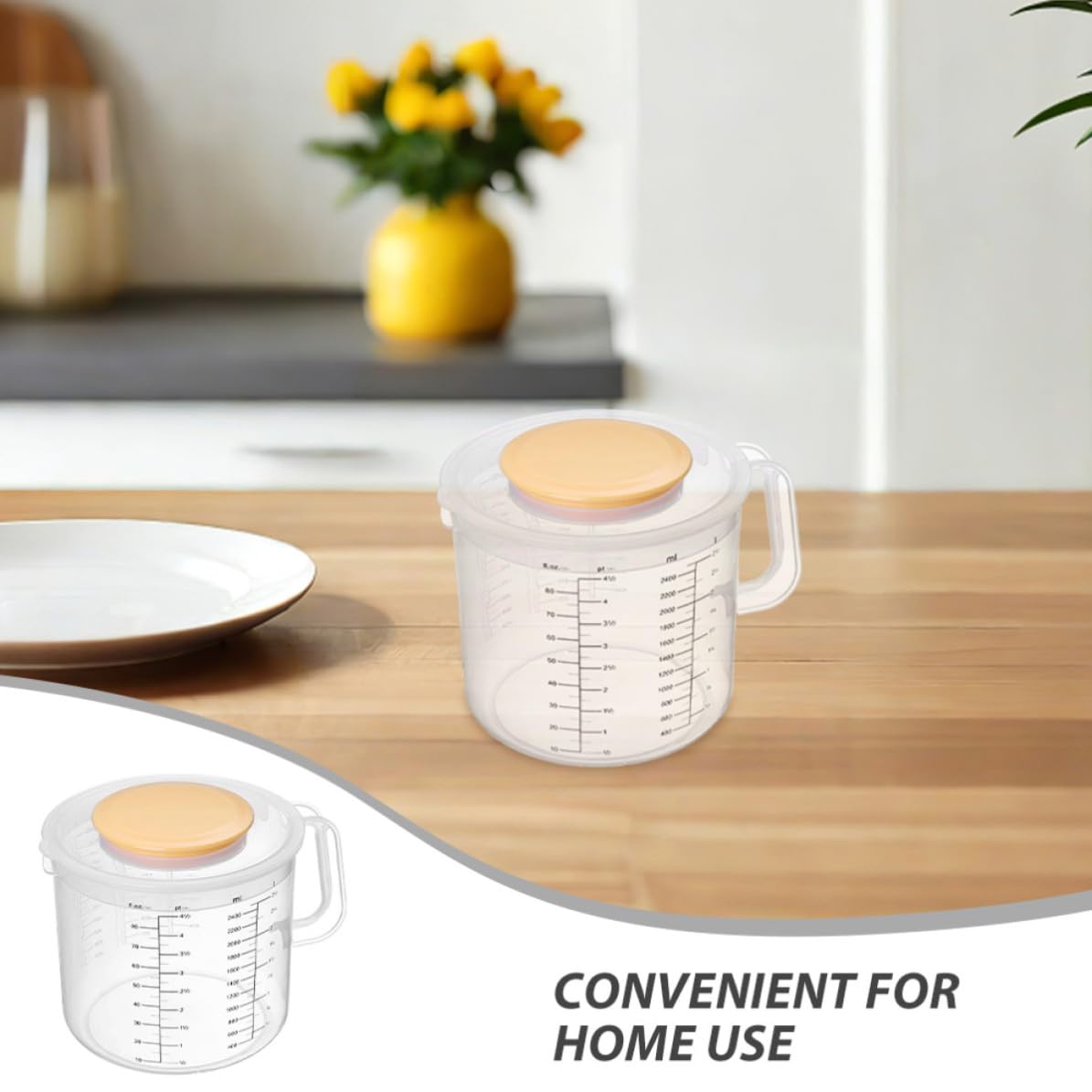 Operitacx Juego de 2 Vasos Medidores de Plástico de 2.5l con Tapa y Asa, Jarra Graduada Grande para Hornear y Mezclar, Diseño de Gran Capacidad Anti Salpicaduras para Repostería