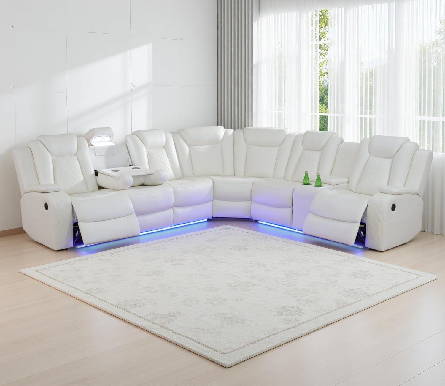 Caberryne Power Recliner Sofa Sectional Couches with LED Light,Leather Reclining Corner Sectional Sofa Set with 3 Recliner Seats,Cup Holder,Storage
