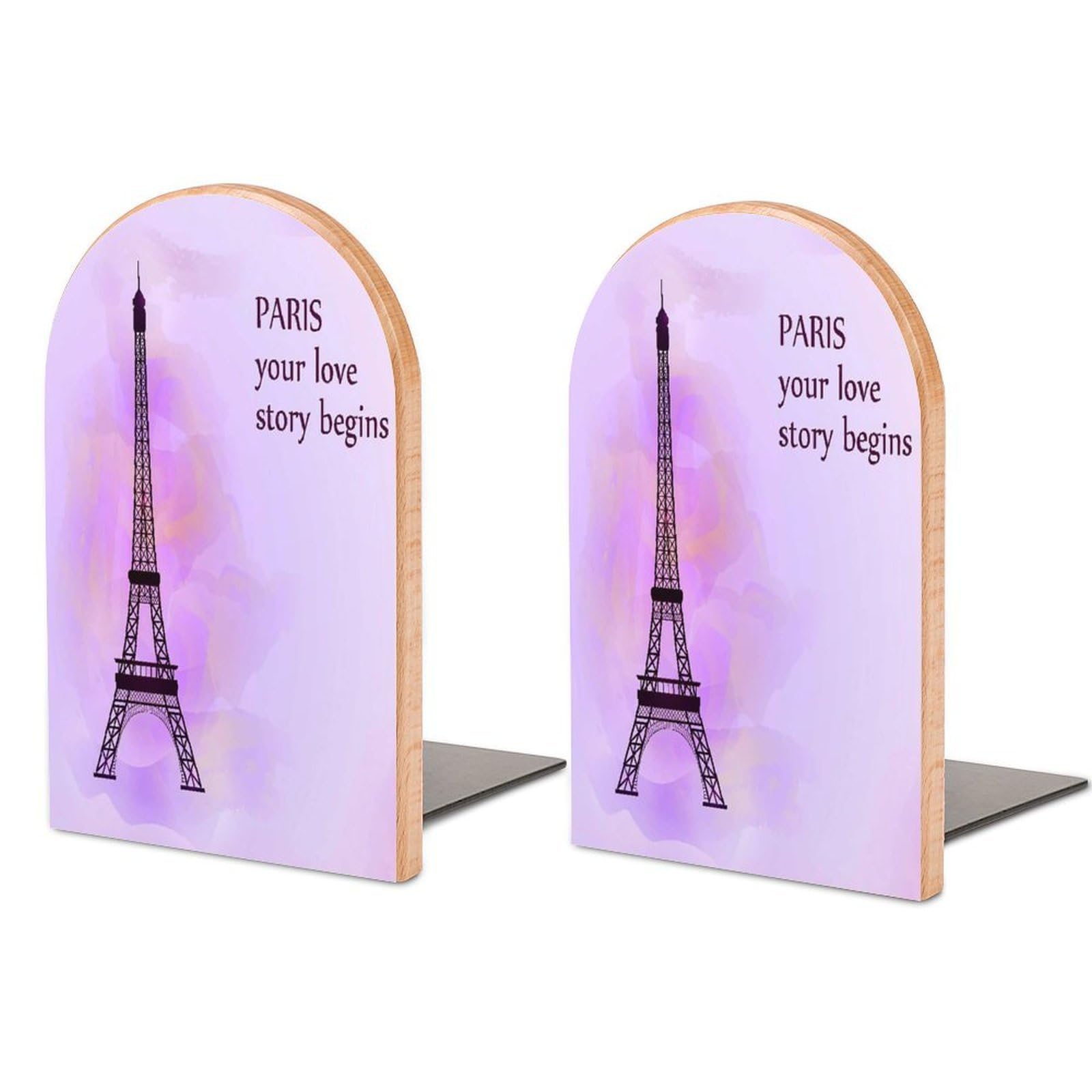 Watercolor Eiffel Tower on Colorful Symbol of Love and Romance Raster Building Beech Wood Bookends Heavy Duty Book Organizers Desktop File Holder for Office Home Bookshelf