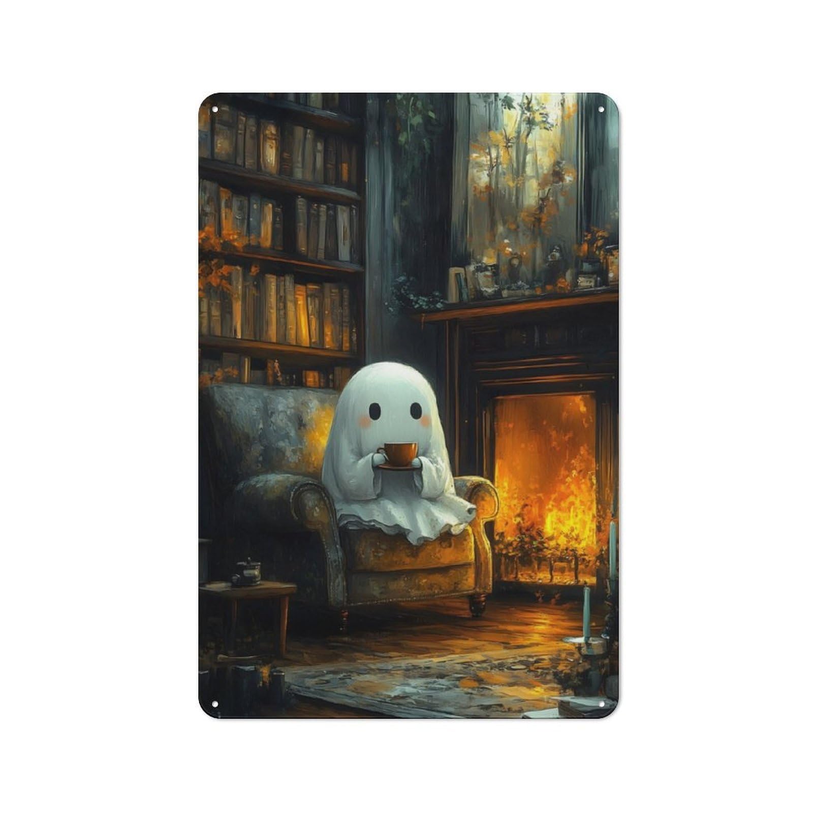 Junmoney Ghostly Cozy Fireplace Modern Retro Metal Wall Art Sign 30X20cm Featuring Urban Room Decor For Workspace, Cafe, Hallway Or Garage