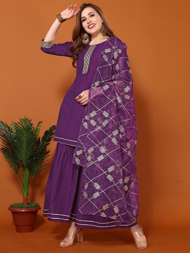 Image of SIRIL Women's Polyester Chinnon Embroidery A-Line Kurta & Sharara & Dupatta