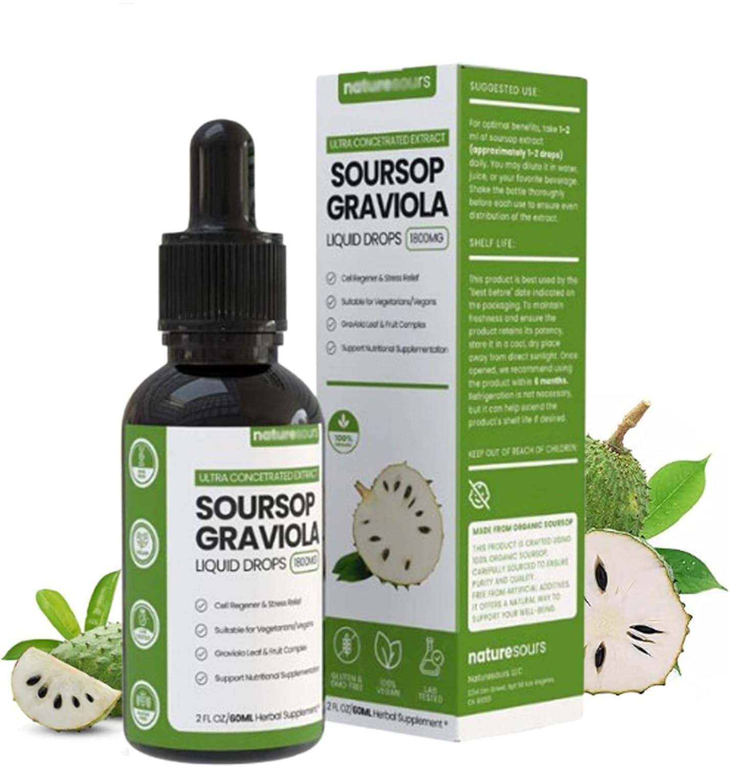 Naturesours Estratto di Soursop biologico, Naturesours 100% puro estratto di Soursop biologico, gocce liquide di graviola di Soursop stagnato 1800 mg, bontà di erbe, aroma naturale (1 pz)
