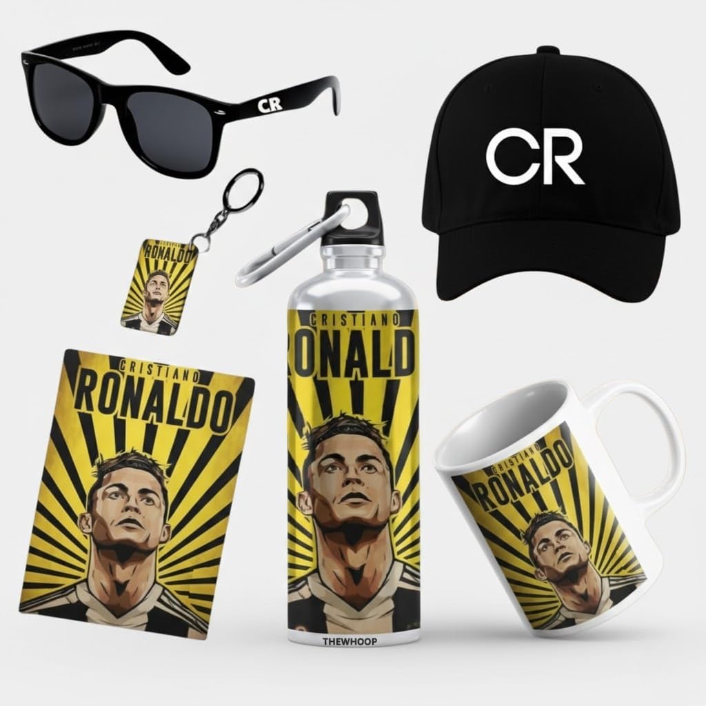 THEWHOOP Cristiano Ronaldo CR Football Fan Merchandise Combo Gift Set | Printed Water Bottle, Coffee Mug, Keychain, Poster, Cap & Sunglasses | Sports Lover Gift for Men & Boys