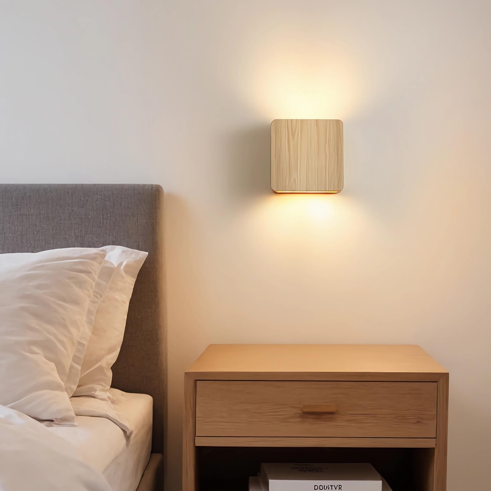 LED Wandleuchte Holz Eckig Design Modern Minimalistisch Wandlampe für Wohnzimmer Schlafzimmer Flur Treppenhaus Diele Lampe G4 Leuchte Leuchtet nach oben und unten (Holzfarbe, 16cm, Warmweiß 3000K)