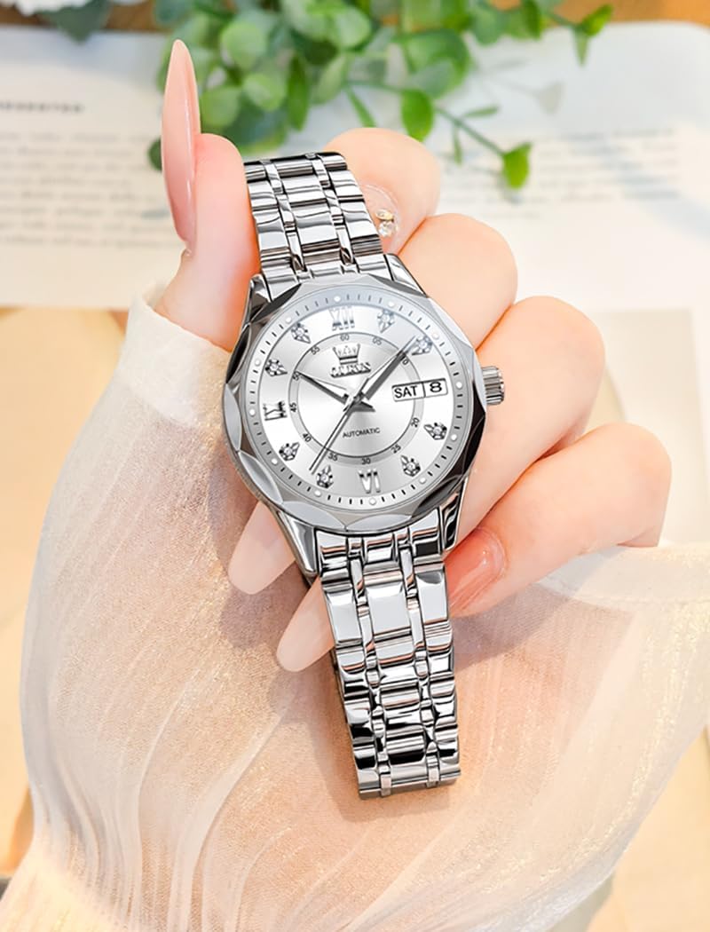 OUPINKE Women's Automatic Mechanical Watch Diamond Dial Casual Dress Watch Self Winding Day Date Waterproof Stainless Steel Band