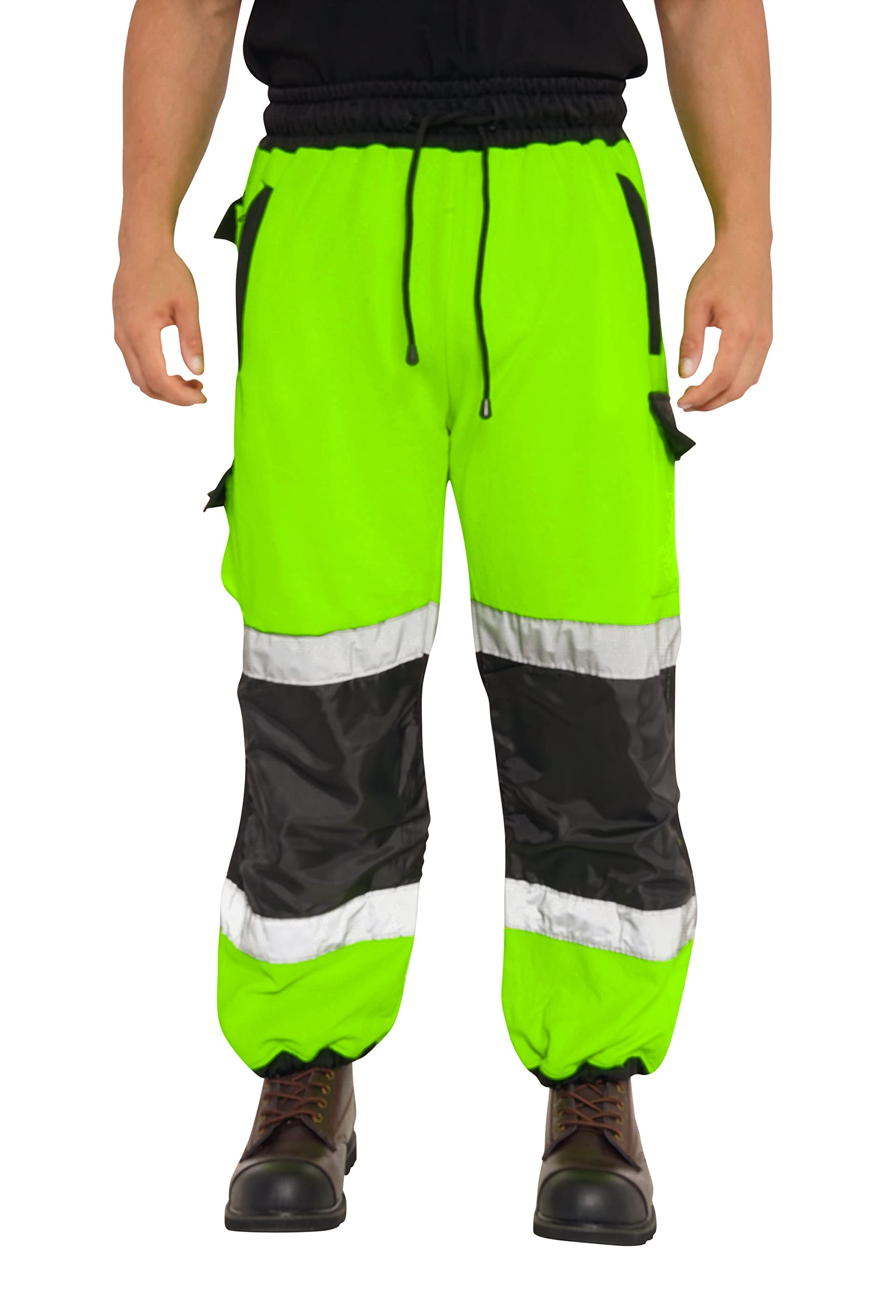 Qaswa Men's Green Hi Viz High Visibility Work Safety Fleece Reflective Fluorescent Trouser, M