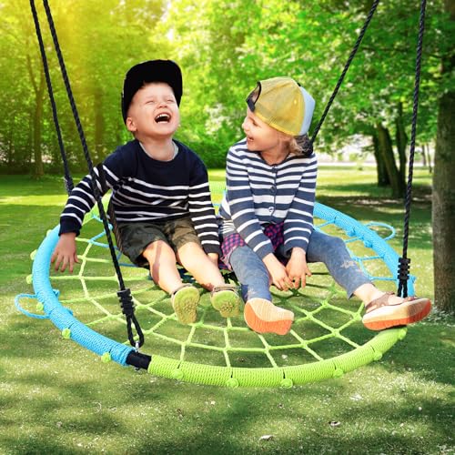 Image of Trekassy 750lbs 40 inch Spider Web Saucer Tree Swing for Kids Adults, Outdoor Net Swing with Steel Frame and 2 Hanging Straps-Blue+Green (Patented)