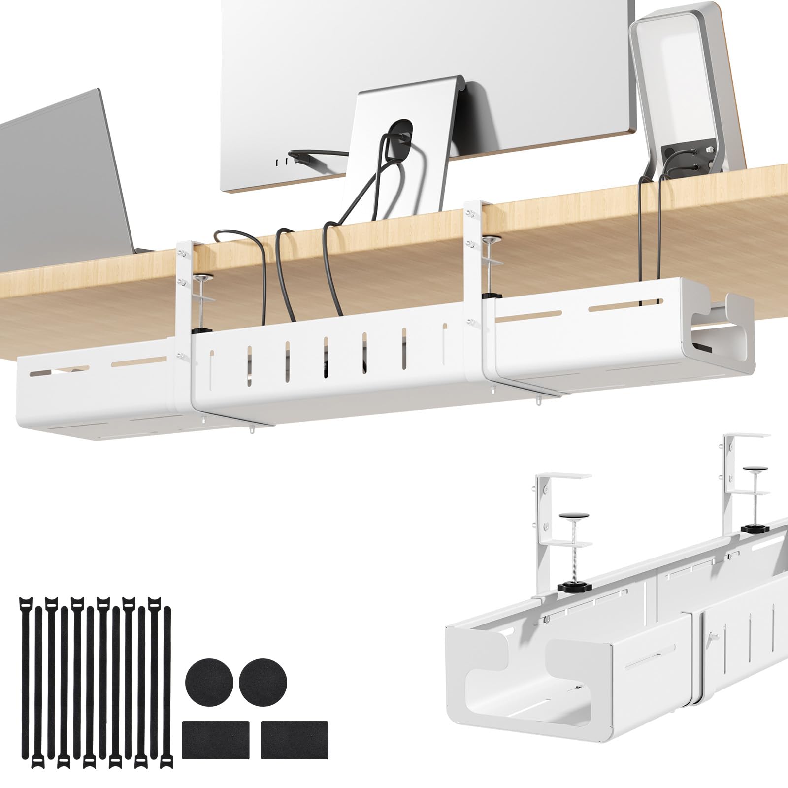 Under Desk Cable Management Tray,Expandable 25.2" – 38.6",White