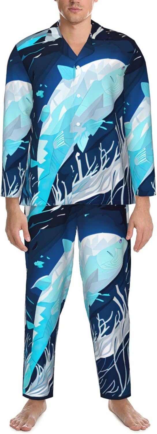 Deep Blue Animal Whale Print Luxurious Mens Pajamas Set,Breathable Pajamas Set,Perfect For Lounging Bed,Sofa