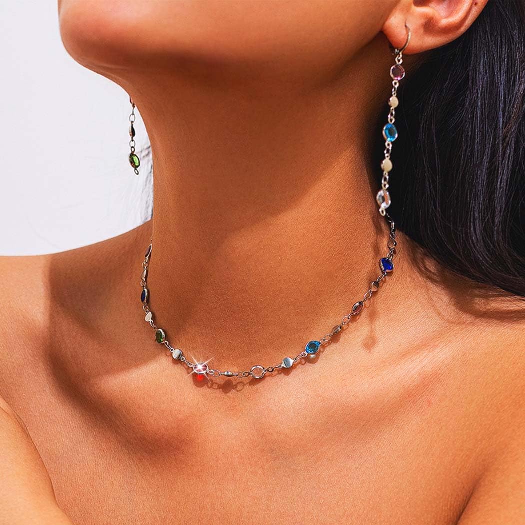 Urieo Rhinestone Choker Necklace Crystal Colorful Pendant Necklaces Diamond Thin Jewelry Charm Necklace for Women - Image 6