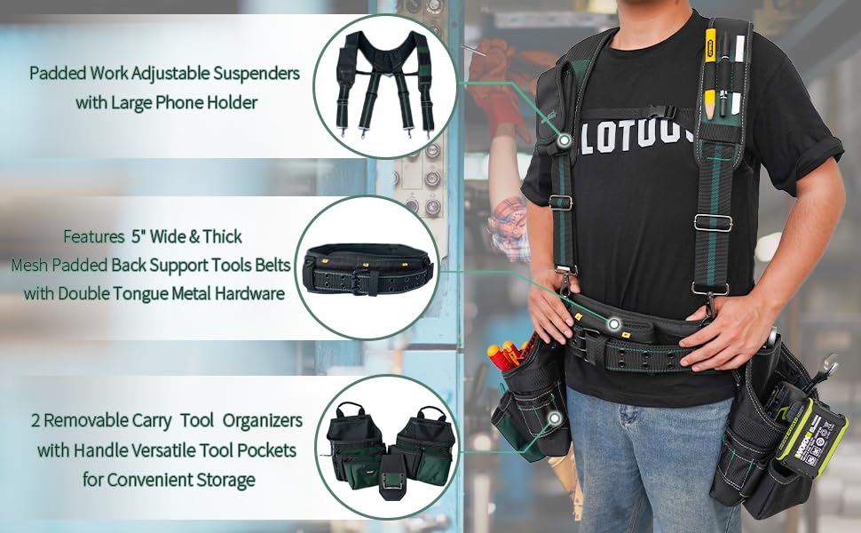 Image of MELOTOUGH 28-Pocket Pro Framer's Combo Apron Tool Belt and Heavy Duty Padded Suspenders with Magnetic Desinger for Technician /Maintenance /Carpenter /and Electrician's Tools(Olive Green)