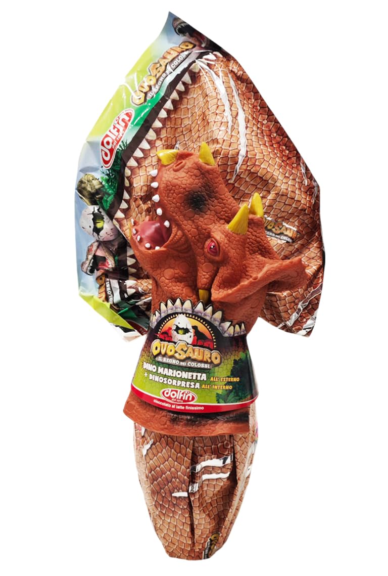 Dolfin Uovo Ovosauro Il Regno dei Colossi con Cioccolato al Latte Finissimo doppia sorpresa da 320 grammi - Dino Marionetta + Dinosorpresa - Senza Glutine