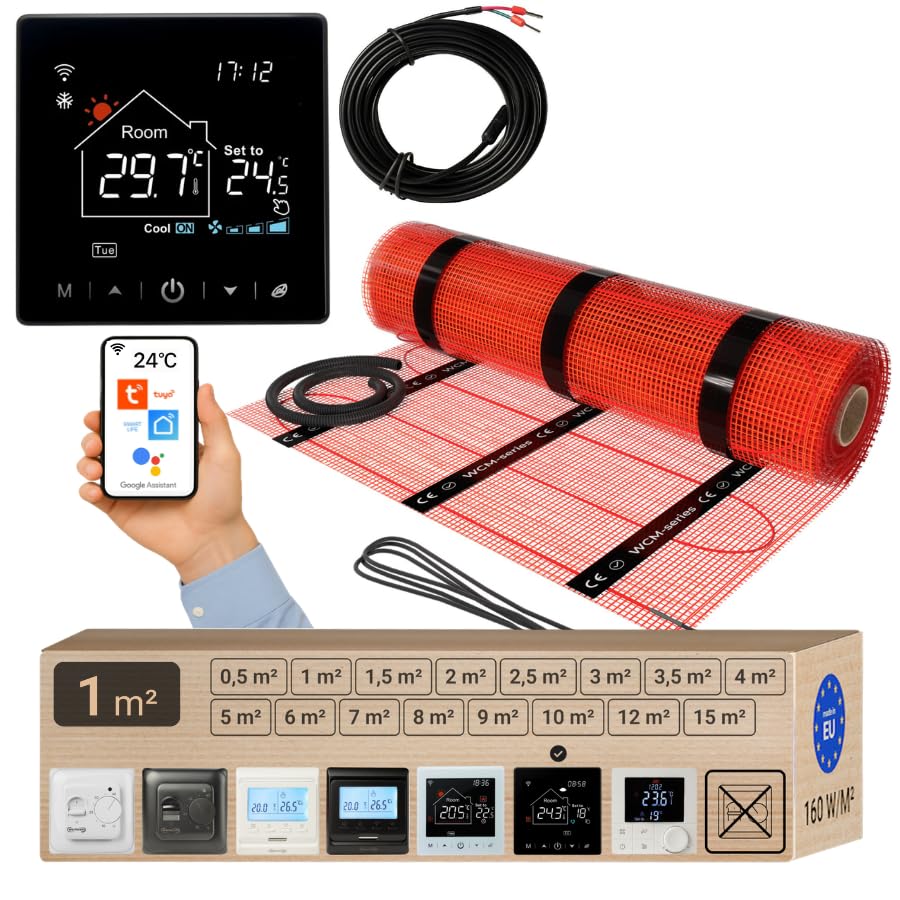 Warmcoin Elektrische Fußbodenheizung 160 W/m² 3,8 mm Dick - Verschiedene Größen 0.5m² - 15m² - Selbstklebende Unterboden Heizmatte für Laminat, Vinyl, Fliesen, Parkett - Set mit WLAN Thermostat, 1m²