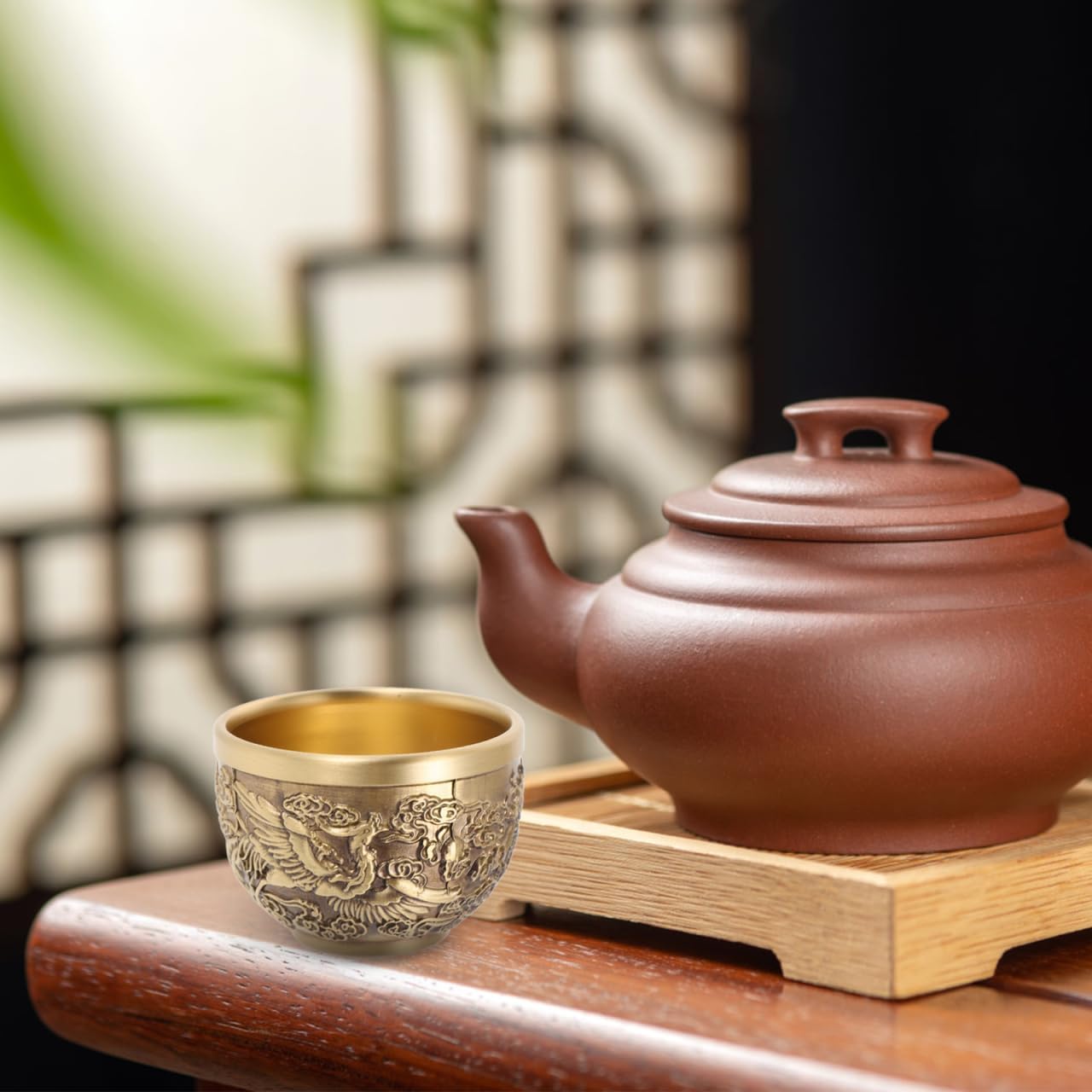 2Pcs Vintage Dragon Pattern Copper Teacup Set, Solid Brass Golden Drinking Cups, Chinese Style Retro Teaware for Home Decor Tea Serving