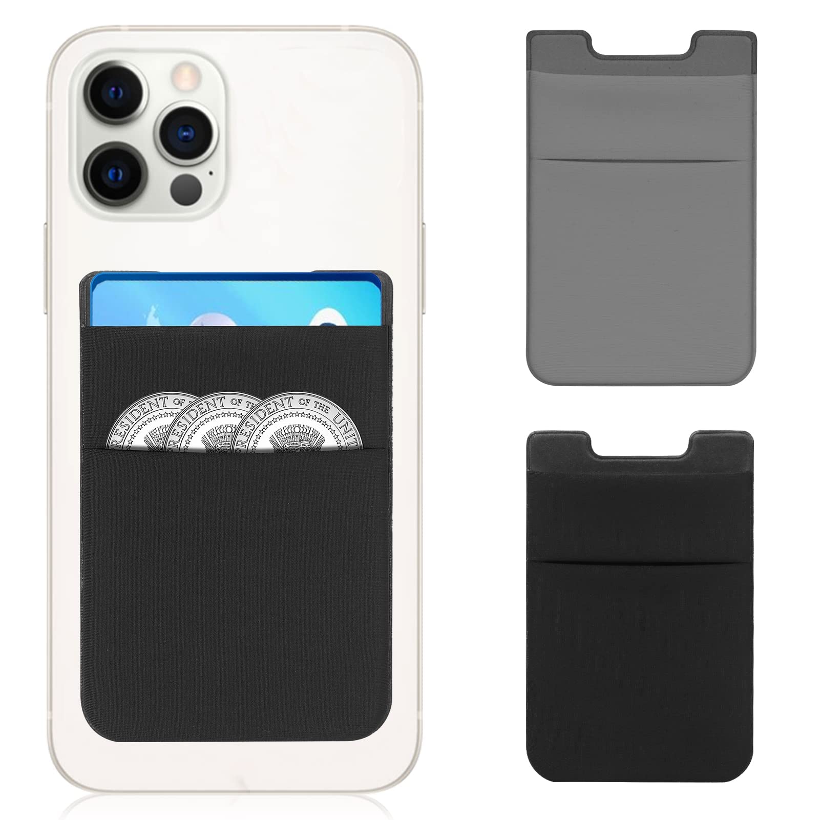 Card Holder Attaches to Phone, Elastic Adhesive ID Credit Card Wallet for Back of Phone, Compatible With iPhone/Samsung/Android Smartphone (2 Pack, Black & Grey)