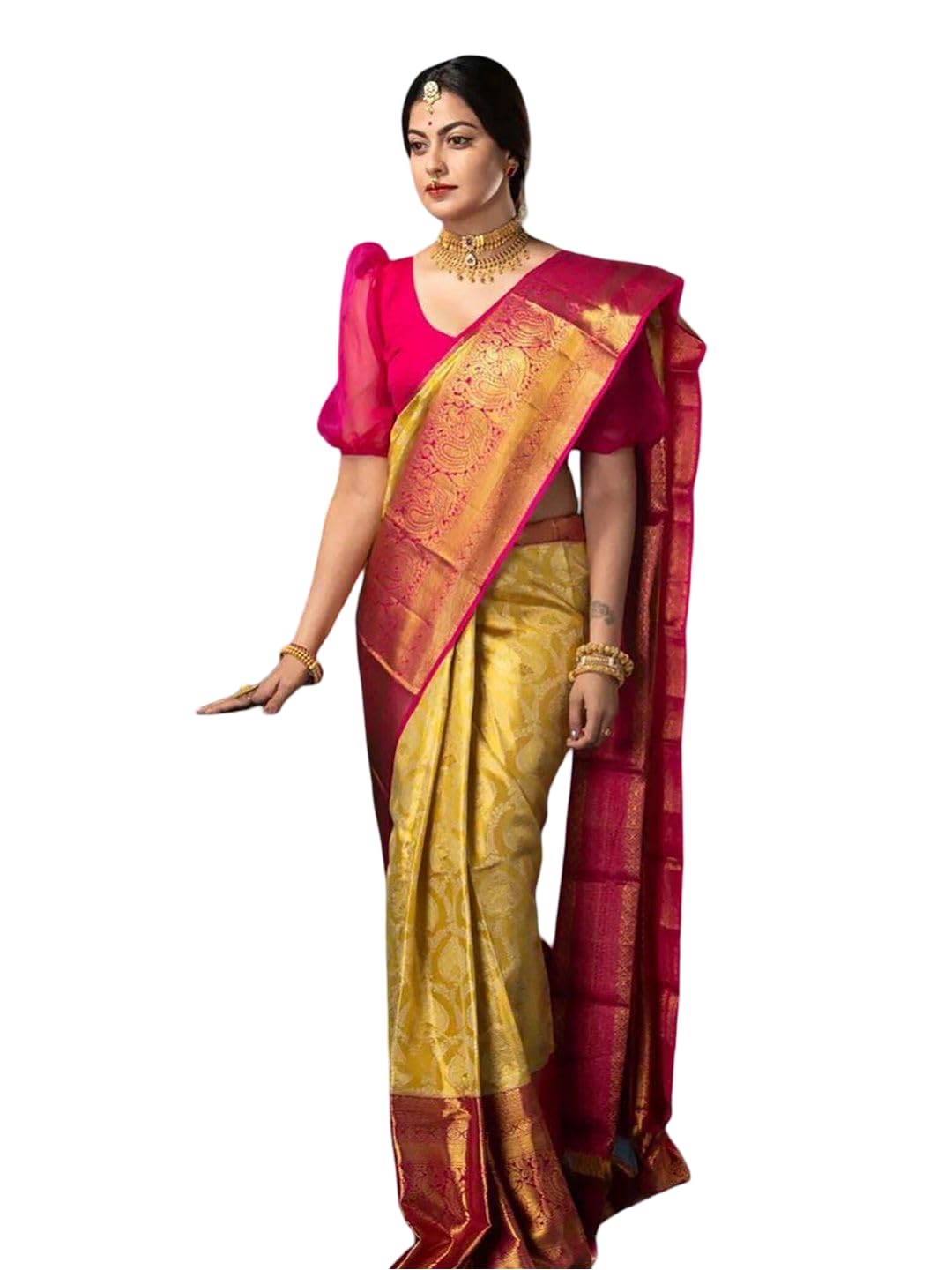 Sari Banarasi de diseño étnico en tejido Zari elegante color magenta 7