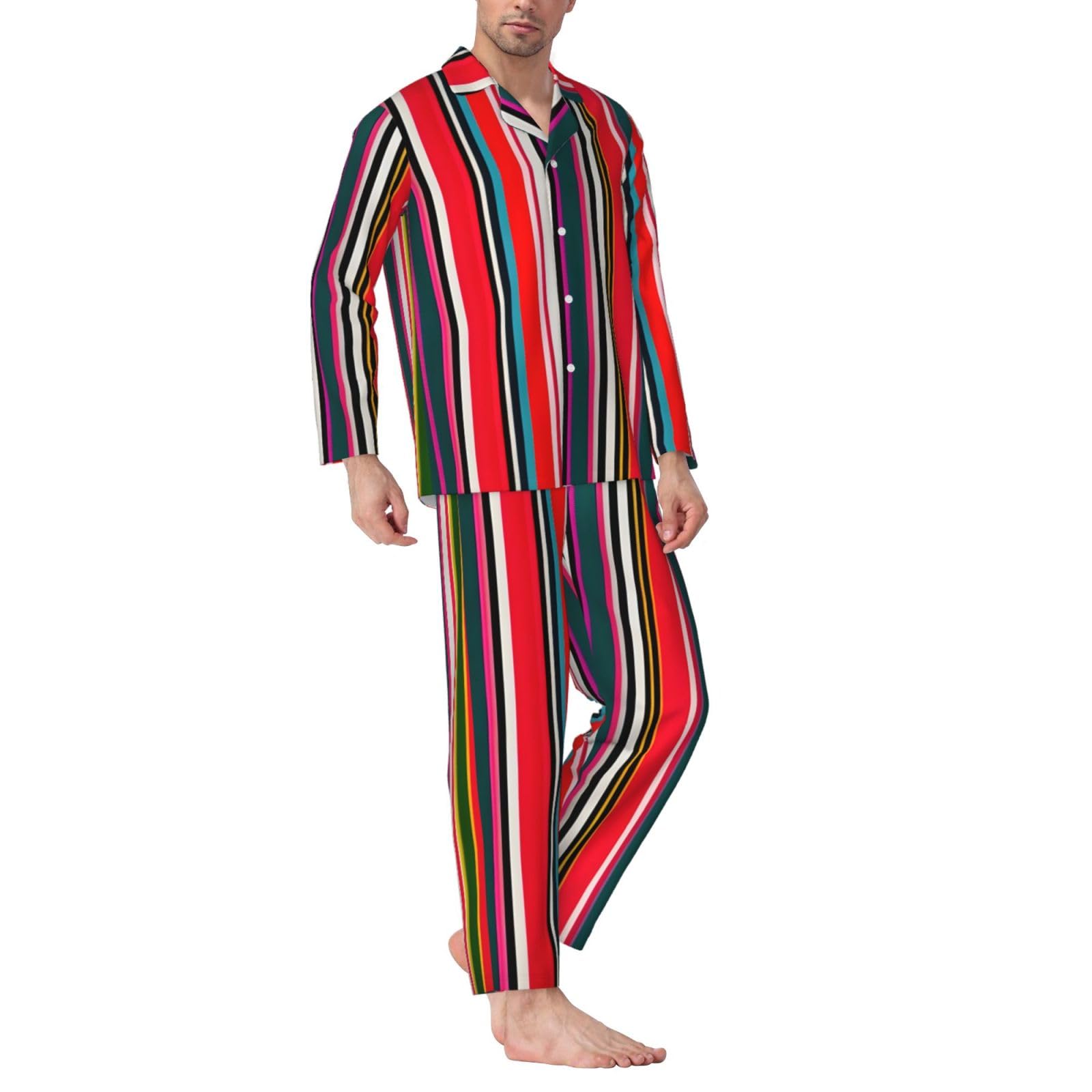 Pigiama a maniche lunghe da uomo con stampa a righe colorate Set di due pezzi traspirante accogliente Weekend Loungewear