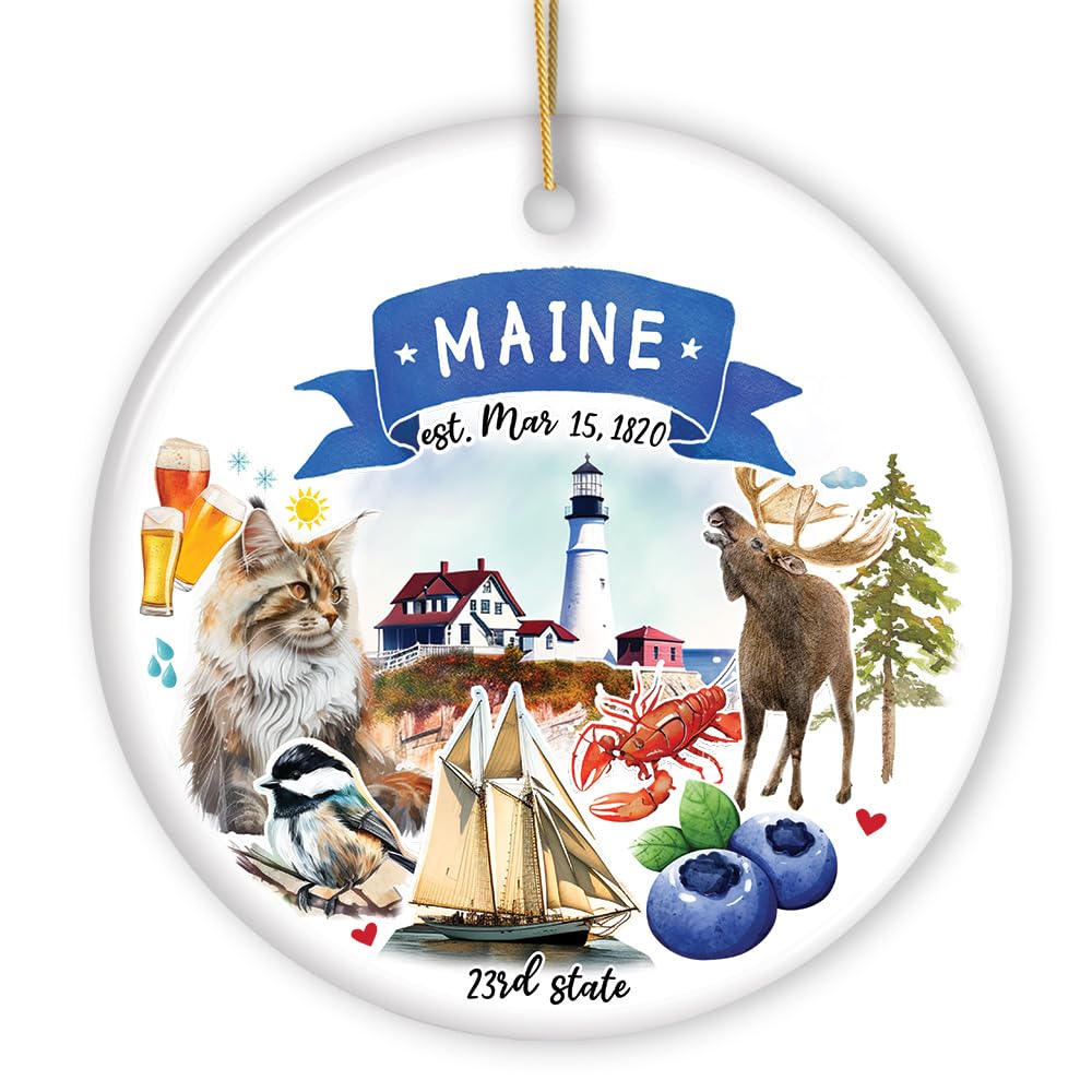 Collectible Ceramic USA Souvenir Keepsakes - Artistic Maine State Themes and Landmarks Christmas Ornament
