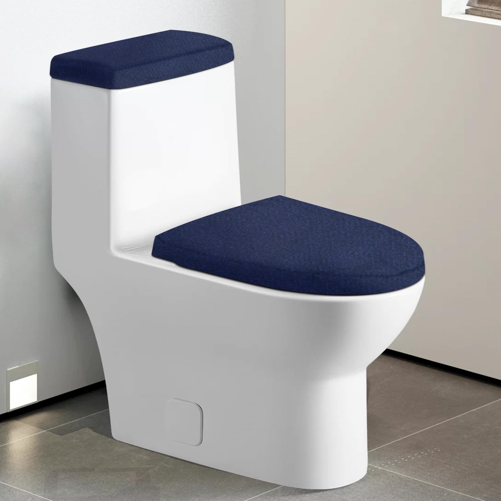 Toilet Tank Lid Cover, Stretch Velvet Toilet Lid Seat Cover Set, Elastic Wear Resistant Toilets Lid Covers Machine Wash for Bathroom Home (Navy Blue)